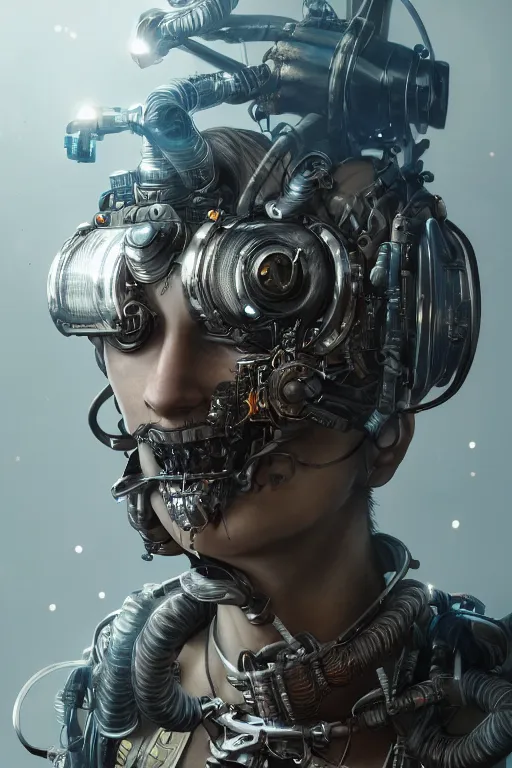Image similar to Portrait of a dieselpunk sci-fi cyborg, third person, D&D, sci-fi fantasy, intricate, highly detailed , art by Murata Range, highly detailed, 3d, octane render, bright colors, digital painting, trending on artstation, sharp focus,