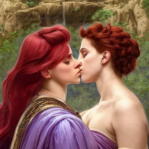 Prompt: a highly detailed byzantine painting of scarlett johansson and emma watson as red haired queens sharing a soft kiss under a waterfall in a gossamer purple dress, epic fantasy, viewed in profile from far away, ultrawide lens, art by artgerm and greg rutkowski and alphonse mucha, volumetric lighting, 4 k resolution, trending on artstation, masterpiece