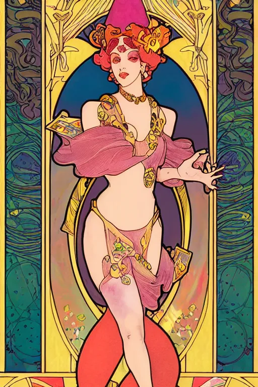 Image similar to full length painting of princess peach art nouveau, tarot card by mucha, gaudy colors, sharp edges, octane render, intricate linework.