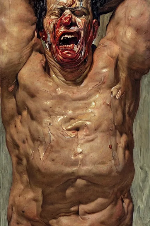 Image similar to a man enraged, part by Jenny Saville, part by Lucian Freud