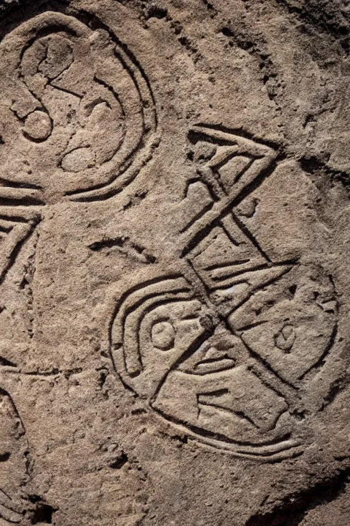 Image similar to 4 k photography of petroglyphs representing crosses, ufo, yin yang symbol on a cave