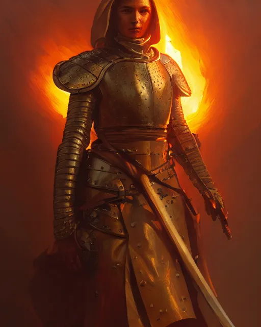 Prompt: commander at the battle field of a medieval war, fire and dust and lava and golden armor, action, dramatic lighting, intricate, wild, highly detailed, digital painting, artstation, concept art, smooth, sharp focus, illustration, art by artgerm and greg rutkowski and alphonse mucha