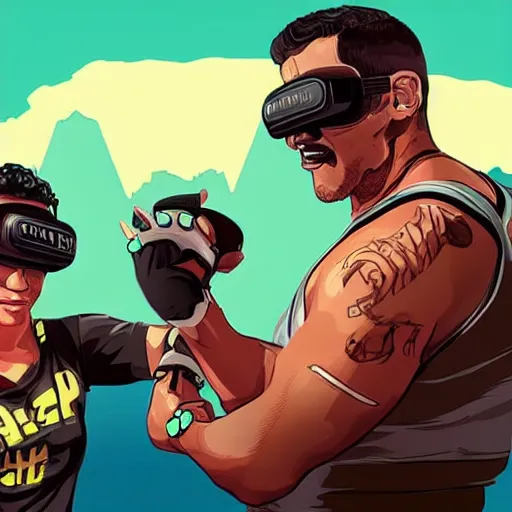 Image similar to wrestler characters wearing vr goggles, gta cover, apex legends trending on artstation, digital illustration