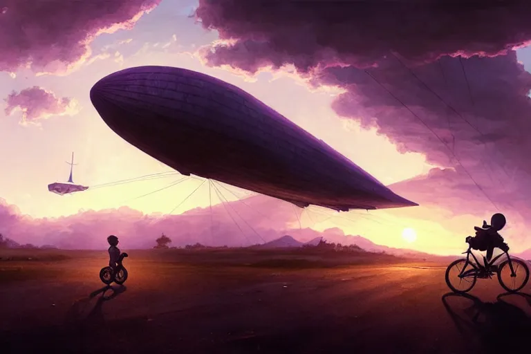 Image similar to kid rides a bicycle waving good bye to the airship at sunset, in the style of greg rutkowski, intricate and epic composition, purple by caravaggio, insanely quality, highly detailed, masterpiece, purple light, artstation, 4 k