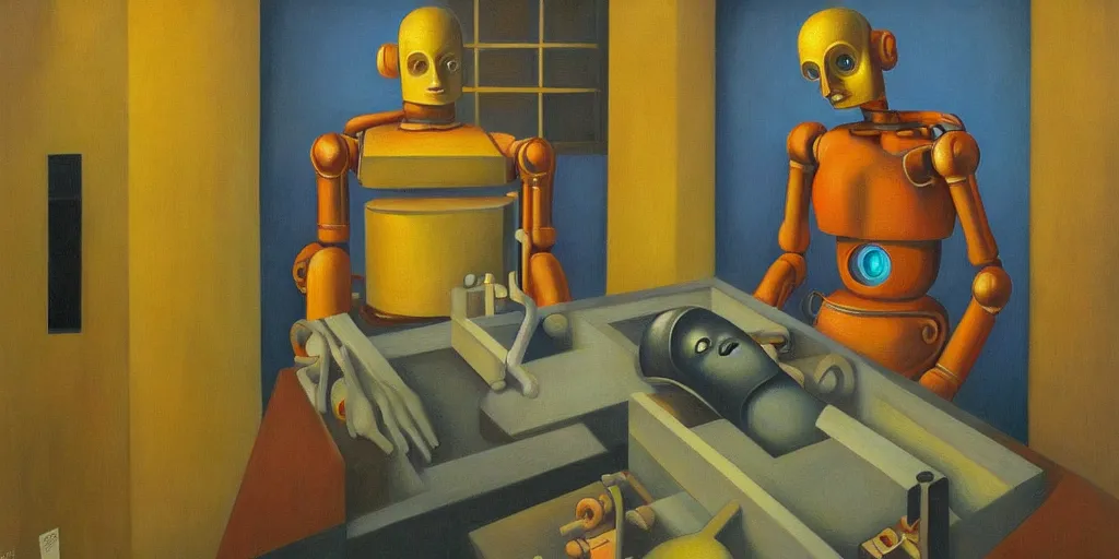 Image similar to sentient robot with soulful eyes portrait, lowbrow, pj crook, grant wood, edward hopper, oil on canvas