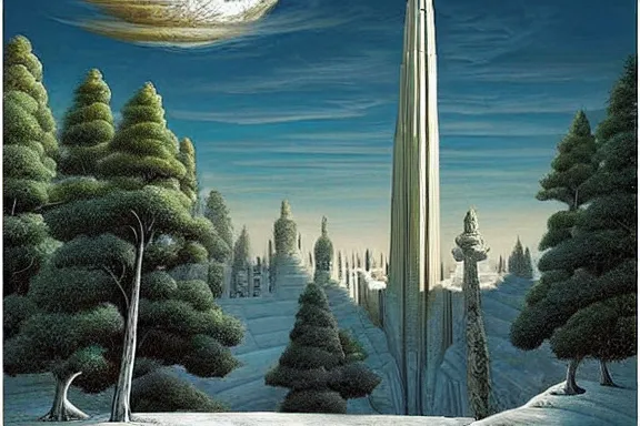 Image similar to the temple of truth is white, whole, holy and beautiful, but is surrounded by a crater of ruin and desolation. it's spire reaches up to the heavens and is topped with a gold statue. | painting by rob gonsalves. stark contrast. landscape painting. trending on artststion. matte painting. awe inspiring