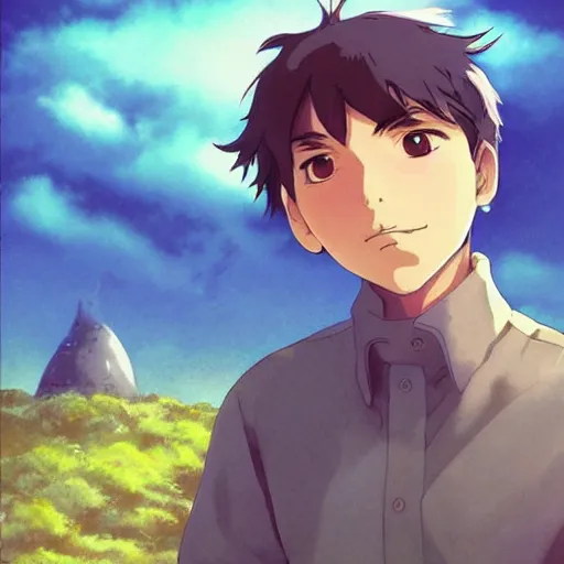 Prompt: Guy with slight smile and small creature, dramatic sky behind, blue tones, made by Studio Ghibli + Makoto Shinkai, highly detailed art, beautiful scene, artstation trending, sharp focus, smooth, artgerm