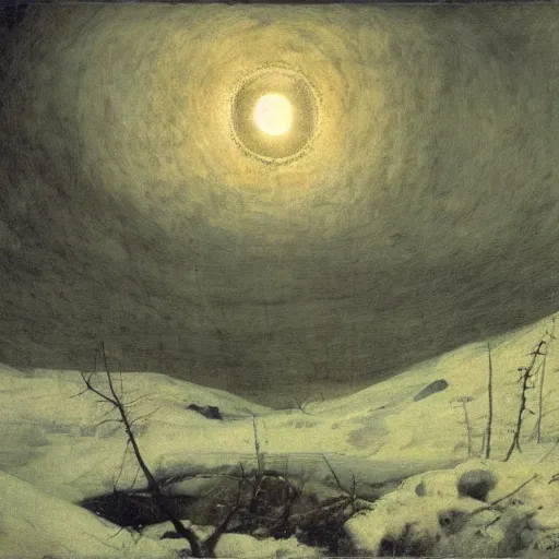 Prompt: a single vast unblinking eye looms in the sky in the depth of night, above bare trees and snow-covered countryside, cosmic horror, Arnold Böcklin