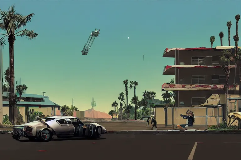 Image similar to broken robot | abandoned motel | palm trees | snowy mountains | moon in sky, painting by syd mead and weta studio and moebius and james jean and frank frazetta, gta san - andreas game screenshot, highly detailed, rule of third, soft lighting, architectural magazine, insanely intricate details, artstation trending, hypermaximalistic, high details, cinematic