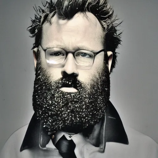 Image similar to Singing Thoooom Yooooorke, with a beard and a black jacket, a portrait by John E. Berninger, dribble, neo-expressionism, uhd image, studio portrait, 1990s