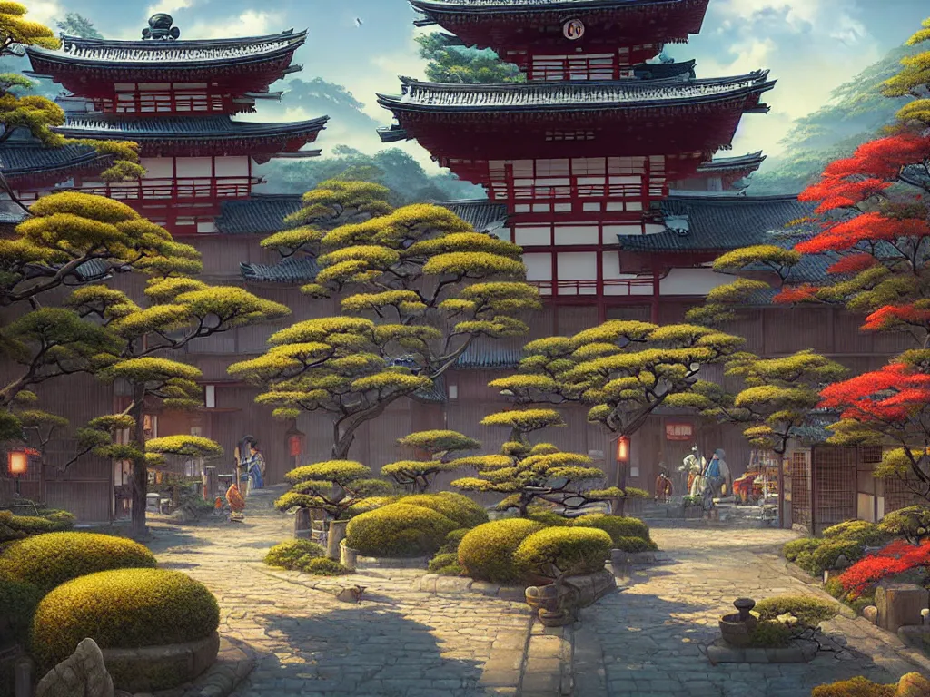 Image similar to old japanese town with garden viewed from harbor, d & d digital painting, ultra realistic, beautiful, volumetric lighting, warm colors advance, cell shading, by james jean, greg rutkowski,