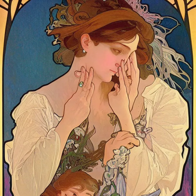 Image similar to an aesthetic! detailed portrait of an aesthetic woman crying mournfully while holding a child, by alphonse mucha, oil on canvas, bright colors, art nouveau, epic composition, dungeons and dragons fantasy art, hd, god - rays, ray - tracing, crisp contour - lines, huhd - 8 k