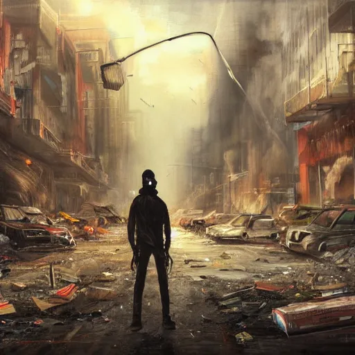 Prompt: a lone wanderer in a dystopian city with lots of debris, cars, and fires, extremely detailed painting