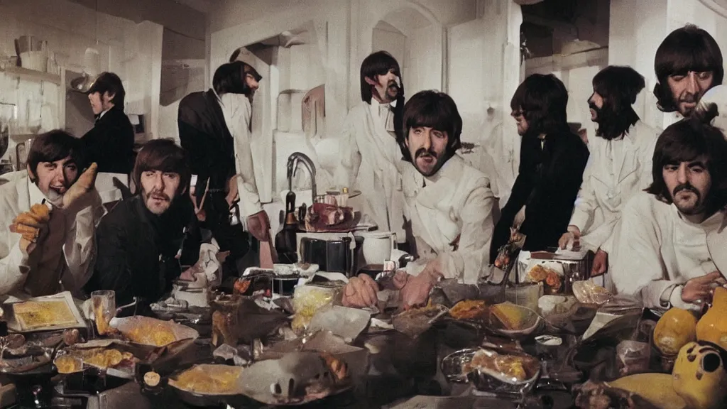 Image similar to The Beatles!!! drown in honey! in the kitchen, film still from the movie directed by Denis Villeneuve with art direction by Salvador Dalí, wide lens