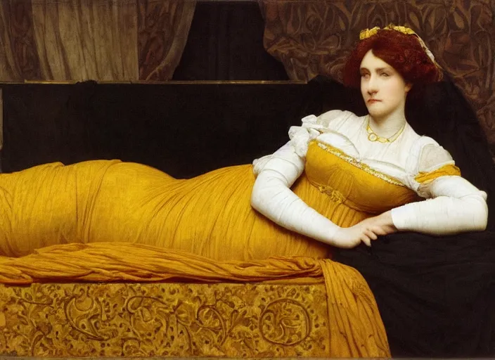 Prompt: portrait of lady reclining on bed wearing yellow ochre ornate medieval dress, framed, preraphaelite colour photography by frederic leighton, william morris, 8 k