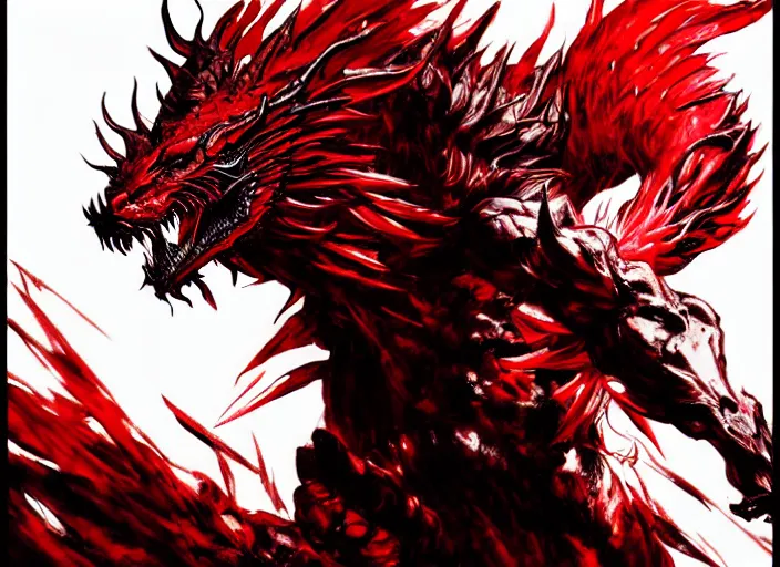 Image similar to Majestic red dragon with blue eyes. In style of Yoji Shinkawa and Hyung-tae Kim, trending on ArtStation, dark fantasy, great composition, concept art, highly detailed.