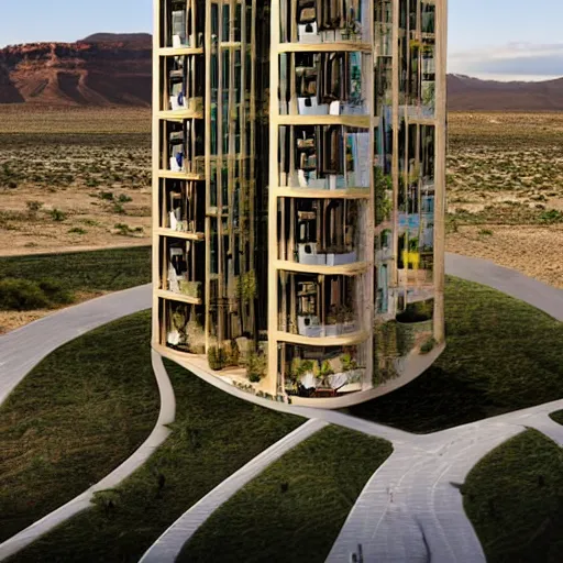 Prompt: biophilia skyscraper hotel in the desert