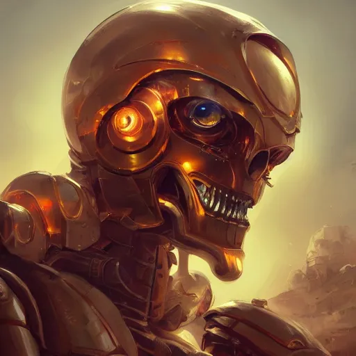 Image similar to a giant golden robot, fighting an army of skeletons, highly detailed portrait, digital painting, artstation, concept art, smooth, sharp foccus ilustration, Artstation HQ