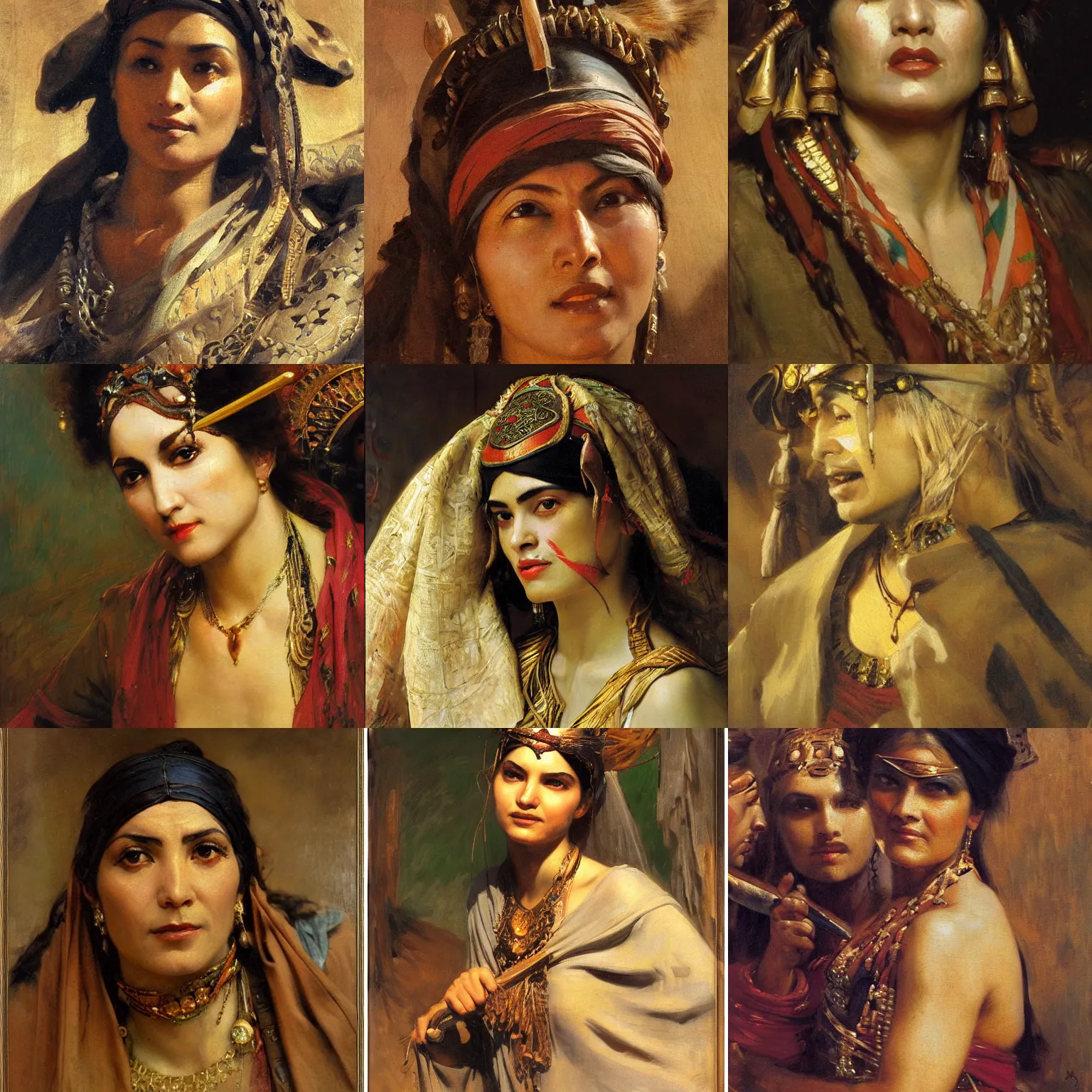 Prompt: orientalism painting of a confident bandit queen face detail by theodore ralli and nasreddine dinet and anders zorn and edwin longsden long, bronze age, sword and sorcery, oil on canvas, masterful intricate artwork, excellent lighting, high detail 8 k