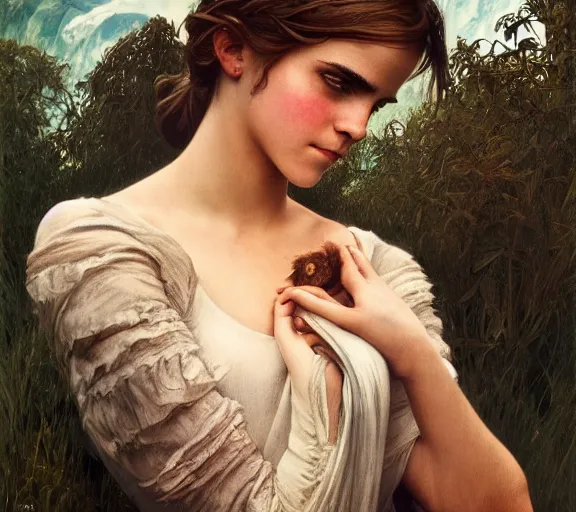 Image similar to photography of emma watson with hands - up and hairy armpits, deep focus, intricate, elegant, highly detailed, digital painting, artstation, concept art, matte, sharp focus, illustration, art by artgerm and greg rutkowski and alphonse mucha and gil elvgren