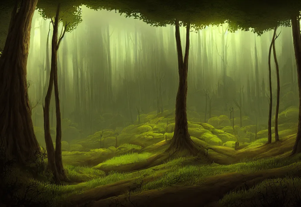 Image similar to blurry view of the background of a forest that has an endless pit in the bottom of the image, stylised painting, visible brush strokes, forest, medieval architecture, dynamic lighting, aesthetics, smooth, d & d, fantasy, asymmetrical, intricate, elegant, matte painting, illustration