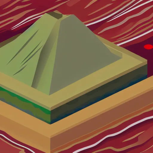 Image similar to isometric view of a mountain with red gems as resources, svg