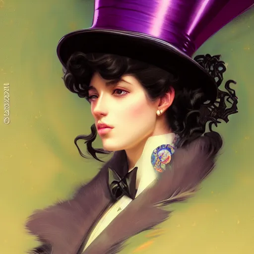 Image similar to close portrait of a fancy cat with a top hat, vaporwave, highly detailed, digital painting, artstation, concept art, smooth, sharp focus, illustration, art by artgerm and greg rutkowski and alphonse mucha