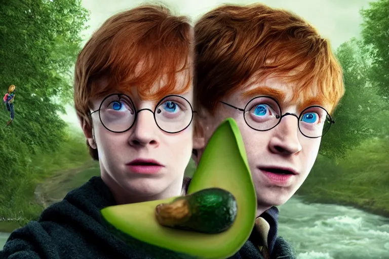 Image similar to an ultra realistic, cinematic, headshot portrait, of harry potter, ron weasley, hermoine granger as an avocado, fantasy, avocado, facial features, background of a vast serene landscape, with trees and rivers, detailed, deep focus, movie still, dramatic lighting, ray tracing, by michal karcz and yoshitaka amano