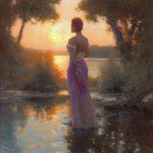 Image similar to elegant woman by the river, sunset, detailed face, correct face, painting by Gaston Bussiere, Craig Mullins