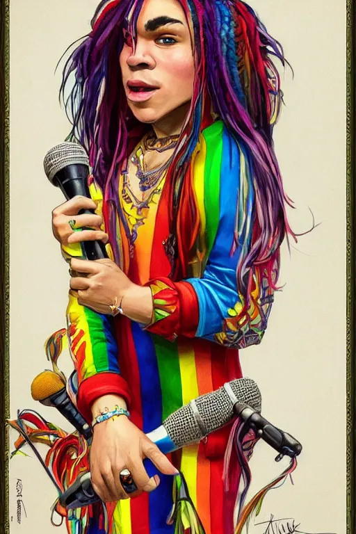 Image similar to colorful cottagecore tekashi 6ix9ine holding a microphone. intricate, elegant. highly detailed, digital painting, artstation, concept art, smooth, sharp, focus, illustration. . art by artgerm and greg rutkowski and alphonse mucha