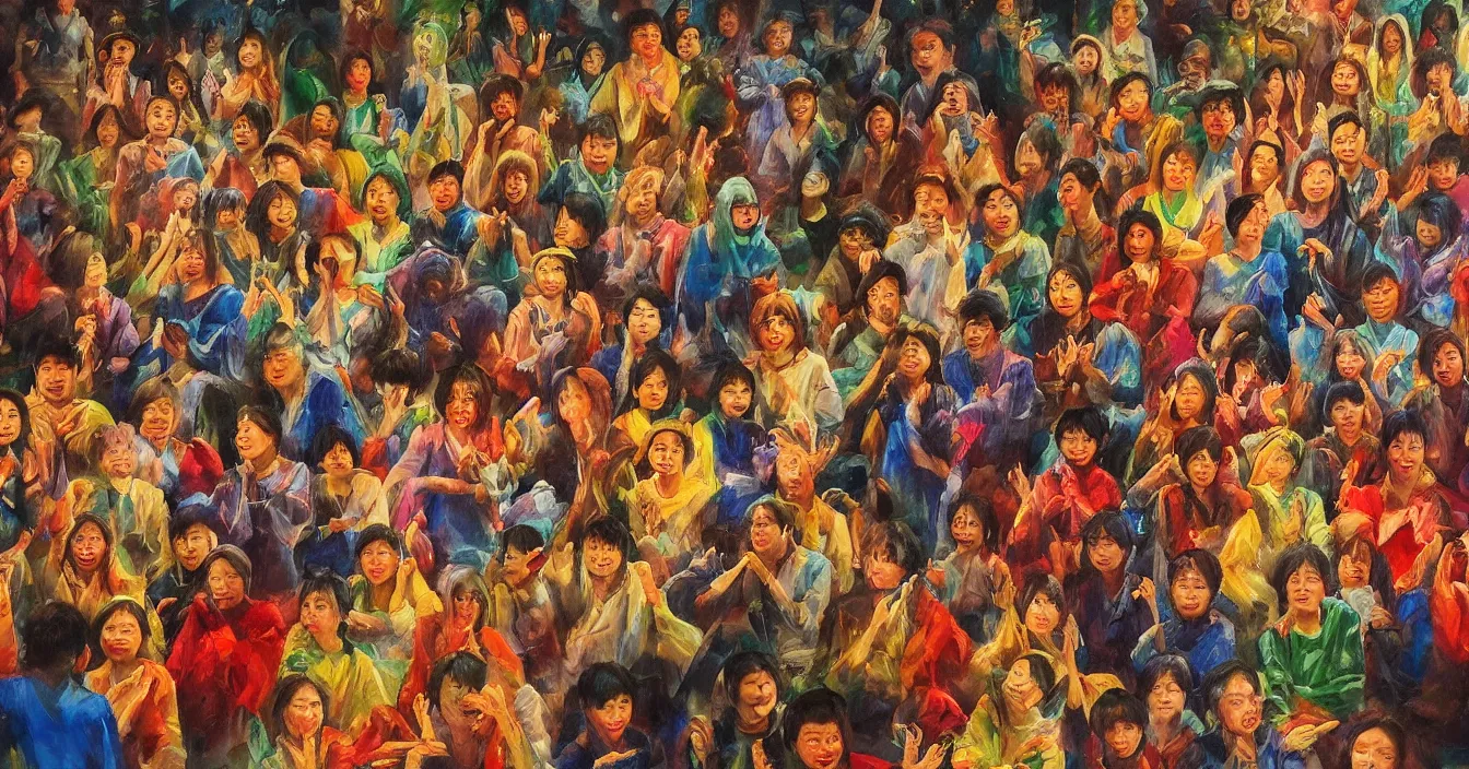 Image similar to human spirits sit in the cinema and watch very deeply the light of consciousness projecting their lives on the big wide screen, realistic image full of sense of spirituality, life meaning, meaining of physical reality, happy atmosphere, by YONG ZHANG