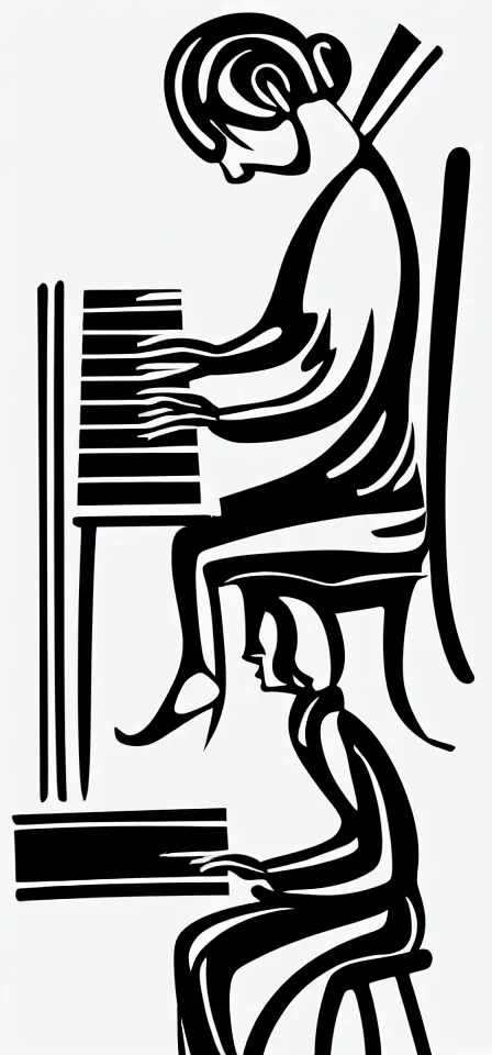 Image similar to fine line vector illustration of a very tiny white line pianist, empty black background, no detail, simple art,