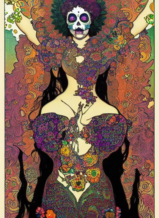 Image similar to psychedelic poster art of a cute punk goth fractal mandelbrot Día de los Muertos tattooed girl posing by Victor Moscoso Rick Griffin Alphonse Mucha Gustav Klimt Ayami Kojima Amano Charlie Bowater, masterpiece