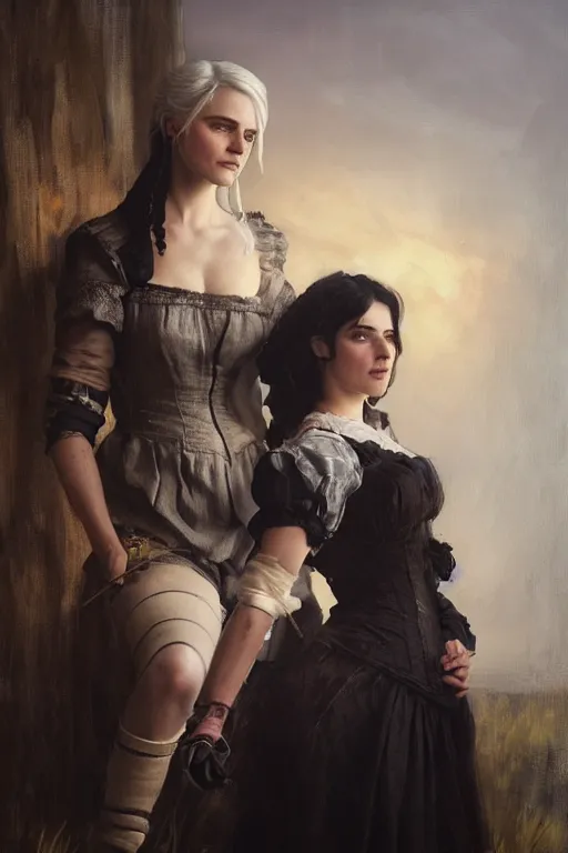 Image similar to Ciri from the Witcher in Victorian painting with Yennefer. by Daniel F. Gerhartz, hyperrealistic oil painting, 4k, studio lightning