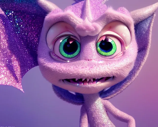 Image similar to character design of a cute baby dragon, big eyes, soft scale texture, pastel colours, colorful, shiny glitter crystals, cute, adorable, pixar animation style, detailed, soft light, octane render, cute, 4 k,