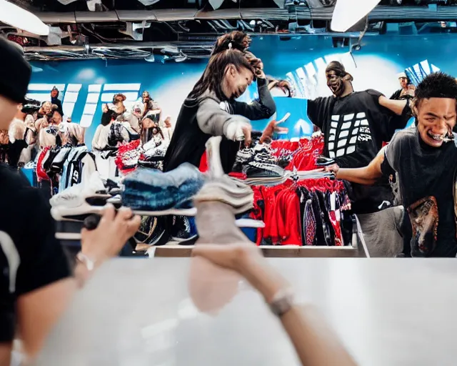 Image similar to incredible absurd surreal closeup of people getting new adidas clothes, people enjoying their new clothes in the style of michael bay action movie, vsco film grain