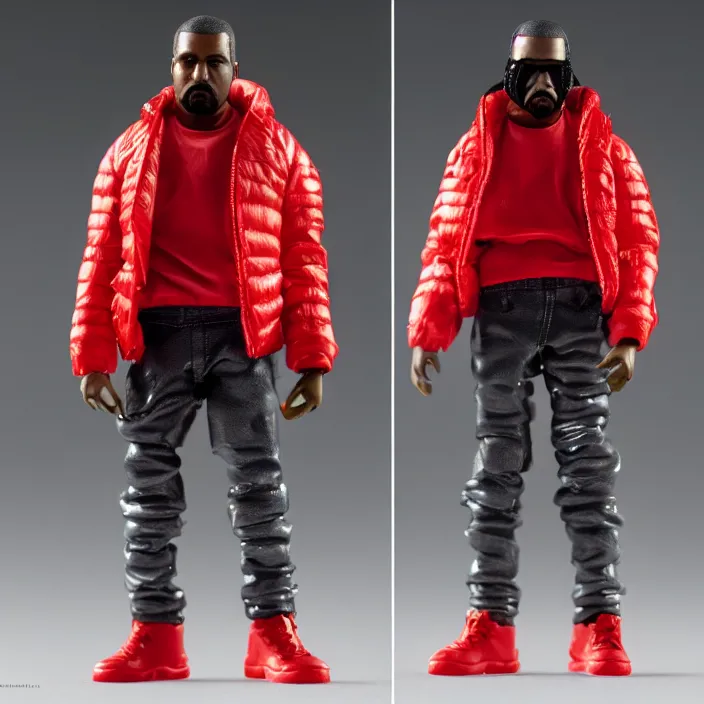 Image similar to a action figure of kanye west using full face - covering mask with small holes. a small, tight, undersized reflective bright red round puffer jacket made of nylon. a shirt underneath. red jeans pants made of nylon. a pair of red shoes, figurine, detailed product photo, 4 k, realistic, acton figure, studio lighting, professional photo