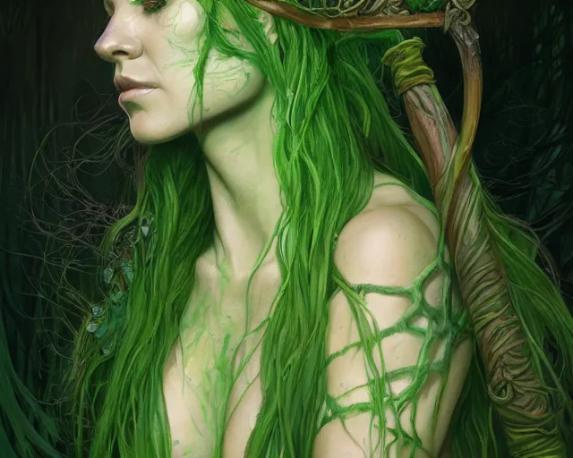 Image similar to portrait of a swamp witch, green skin, green hair, holding a caduceus staff, messy hair, d & d, fantasy, intricate, elegant, highly detailed, digital painting, artstation, concept art, matte, sharp, illustration, hearthstone, art by artgerm and greg rutkowski and alphonse mucha