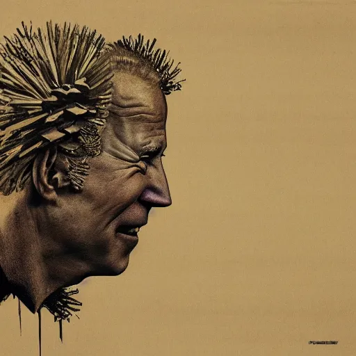 Image similar to joe biden as a pine cone headed man with hard black eyes very surprised, rule of thirds, super sharp, 4 k, ultra detailed, norman rockwell, richard corben.