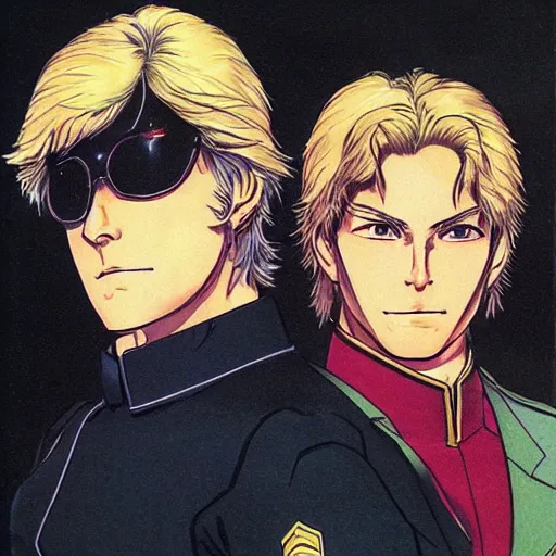 Prompt: a portrait of char aznable and garma zabi , drawn by Yoshikazu Yasuhiko,