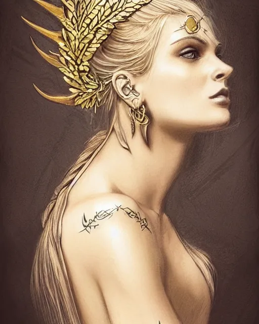 Image similar to tattoo sketch of hot blonde super model as aphrodite greek goddess wearing a gold laurel wreath and triangle earrings, beautiful piercing gaze with sharp pupils, in the style of greg rutkowski, fantasy, amazing detail, epic, elegant, smooth, sharp focus, front view