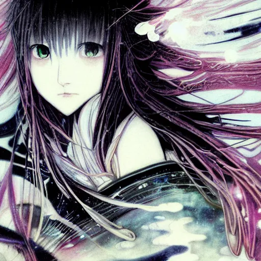 Prompt: yoshitaka amano blurred and dreamy illustration of an anime girl with black eyes, wavy white hair fluttering in the wind wearing elden ring armor with engraving, abstract black and white patterns on the background, noisy film grain effect, highly detailed, renaissance oil painting, weird portrait angle, blurred lost edges, three quarter view, hyper light drifter color palette