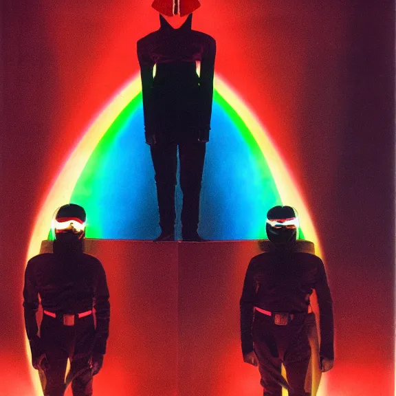 Image similar to two time pilots wearing flight masks and red rick owens flight suits inside the glowing geometric rainbow portal to the sixth dimension by frank frazetta