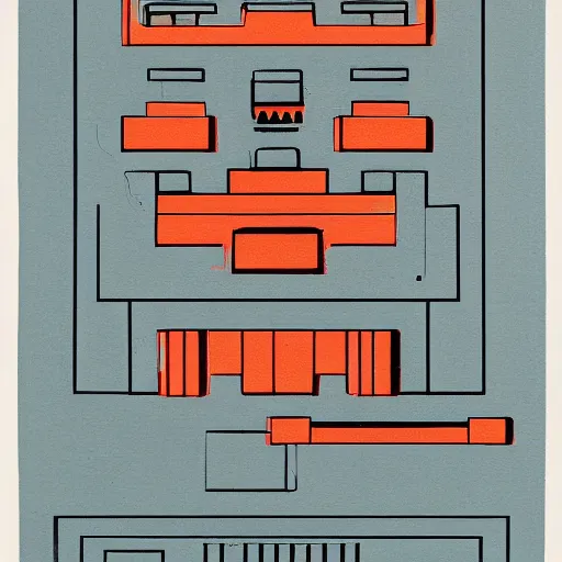 Image similar to a three color screen print of an isometric view of an anthropological conceptual object, brutalism, anthropomorphic, fujifilm,