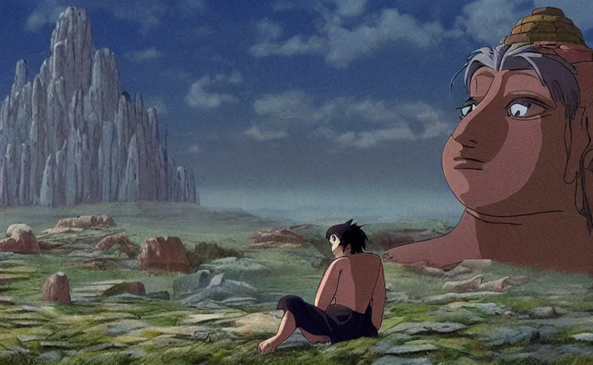 Image similar to movie still from princess mononoke ( 1 9 9 7 ) showing a highly detailed landscape with a giant long - haired buddha in lotus position with stonehenge in the background. 1 9 8 0 s science fiction, 1 9 7 0 s science fiction, cyberpunk, moody, misty, depth perception, 4 k, artstation