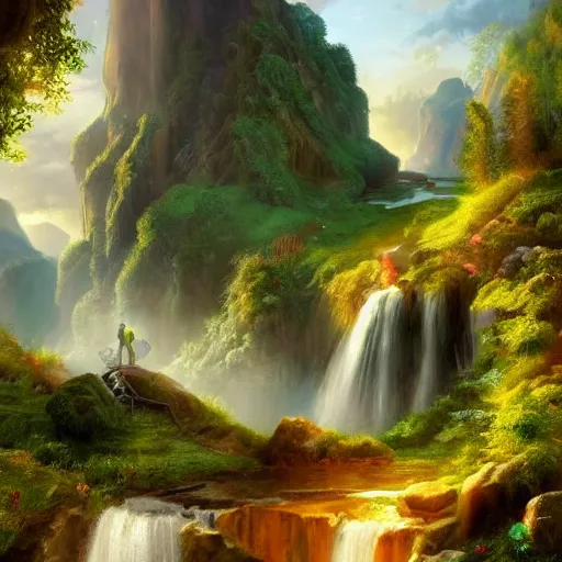 Image similar to landscape with waterfalls and stunning light and cheerful colors, epic composition, cinematic lighting, masterpiece, trending on artstation, very very detailed, masterpiece, stunning