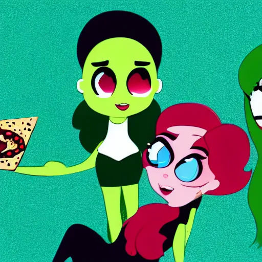 Image similar to powerpuff girls eating pizza as a realistic human, 4 k, highly detailed, art station