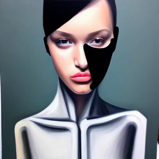 Image similar to fashion model with half robot face, hyperrealism oil painting