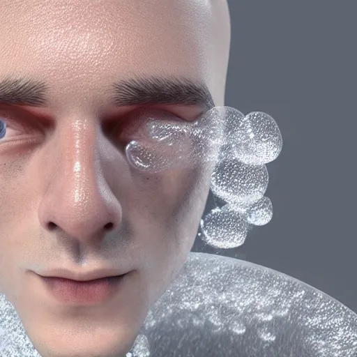 Image similar to dramatic closeup a man who's face is made of bubble wrap plastic, a finger is popping one of the bubbles, realistic blender render, translucency and subsurface scattering