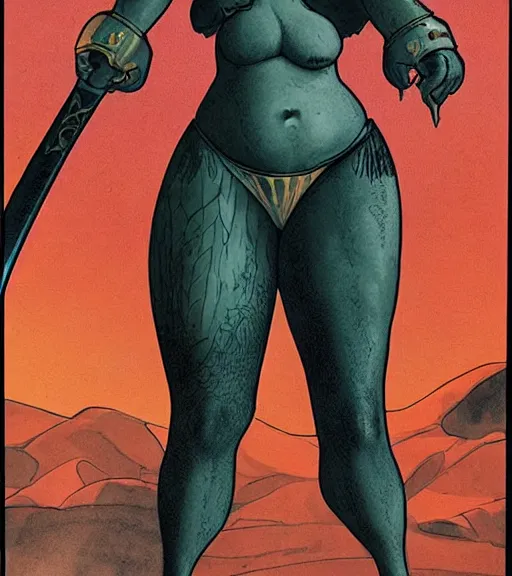 Image similar to 1 9 8 0 s fantasy novel book cover, bbw plus size amazonian bryce dallas howard in extremely tight bikini armor wielding a cartoonishly large sword, exaggerated body features, dark and smoky background, low quality print